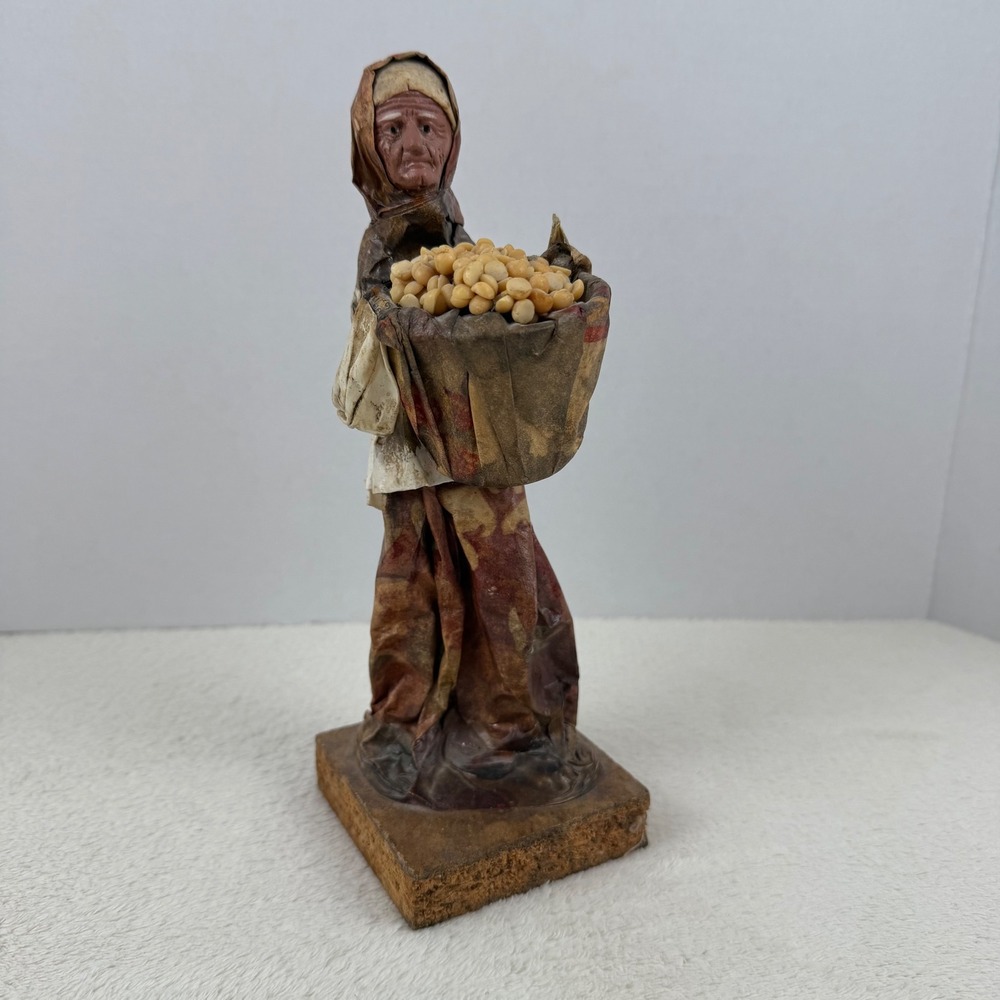 Vintage Mexican Folk Art‎ Paper Mache Woman Figure Basket Beans Harvest Rustic